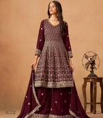 Maroon faux georgette semi stitched Palazzo suit with heavy embroidery work
