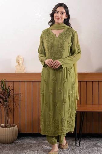Olive green Embroidered Georgette Suit with Dupatta