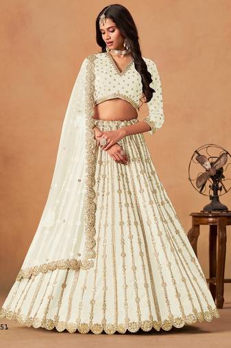 White Art Silk Semi Stitched Lehenga Choli With Embroidert Work