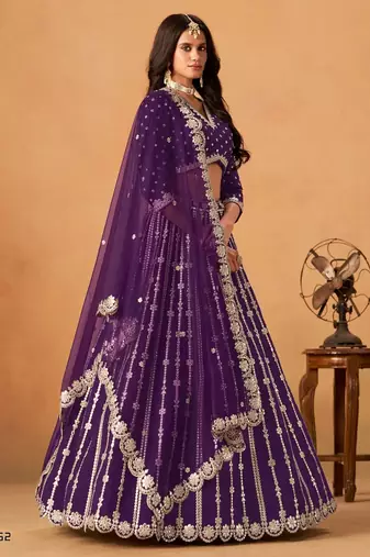 Violet Art Silk Semi Stitched Lehenga Choli With Embroidert Work