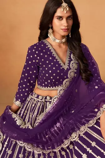 Violet Art Silk Semi Stitched Lehenga Choli With Embroidert Work