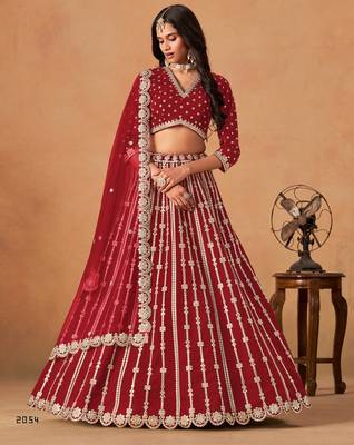 red art silk lehenga set with choli and dupatta 1