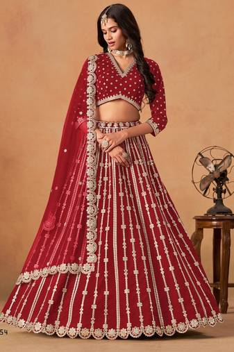 Red Art Silk Semi Stitched Lehenga Choli With Embroidert Work