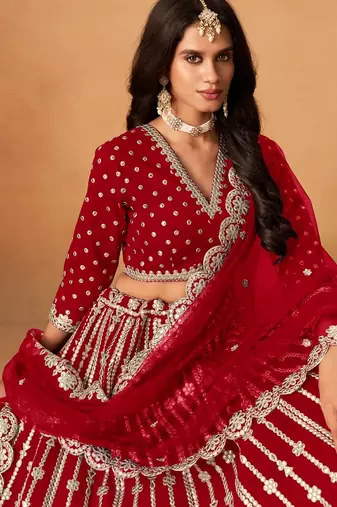 red art silk lehenga set with choli and dupatta