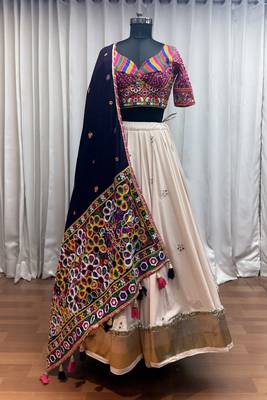 BEIGE THREAD MIRROR EMBROIDERED VISCOSE NAVRATRI special STITCHED LEHENGA CHOLI 7