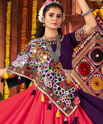 PURPLE RANI PINK THREAD MIRROR EMBROIDERED VISCOSE NAVRATRI special STITCHED LEHENGA CHOLI 7