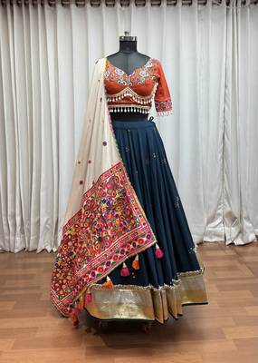TEAL THREAD MIRROR EMBROIDERED VISCOSE NAVRATRI special STITCHED LEHENGA CHOLI 7