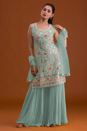 Sky embroidered georgette semi-stitched palazzo style salwar suit