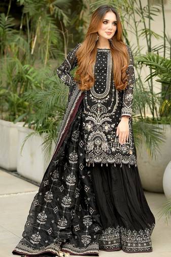 Black Faux Georgette Embroidered Suit Set
