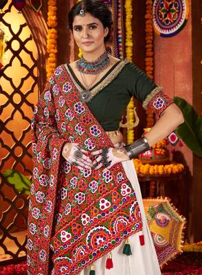 WHITE MIRROR WORK EMBROIDERED printed SILK STITCHED LEHENGA CHOLI 7