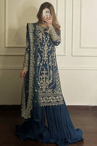 Teal Faux Georgette Embroidered Suit Set