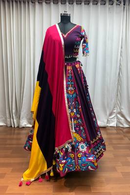 PURPLE DIGITAL PRINT WITH THREAD EMBROIDERED & MIRROR WORK COTTON TRADITIONAL NAVRATRI SPECIAL STITCHED FESTIVE WEAR 7