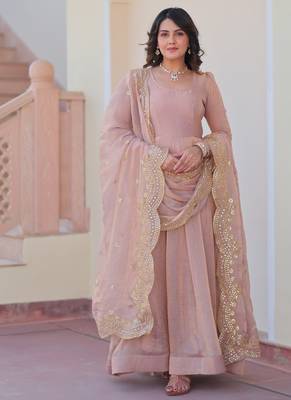 light pink chiffon embroidered full Stitched gown with dupatta - Free size 1