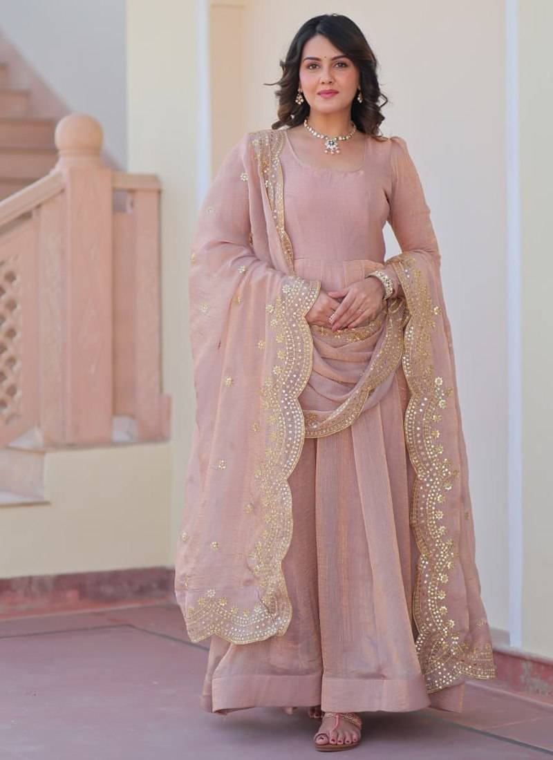 light pink chiffon embroidered full Stitched gown with dupatta - Free size