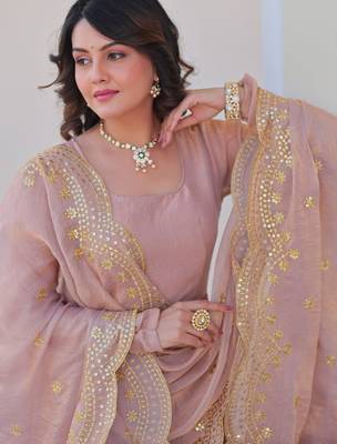 light pink chiffon embroidered full Stitched gown with dupatta - Free size 3