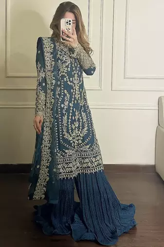 Teal embroidered palazzo set