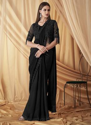 Black sparkling satin georgette saree with unstitched blouse & work jacket 1
