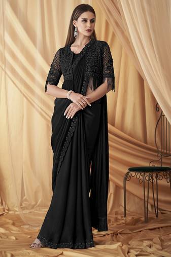Black sparkling satin georgette saree with unstitched blouse & work jacket