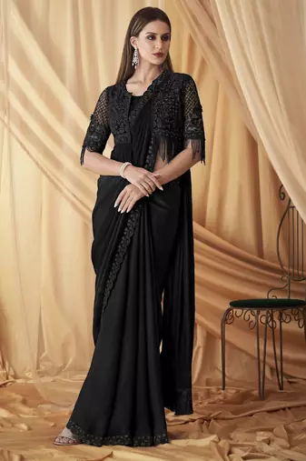 Black sparkling satin georgette saree with unstitched blouse & work jacket