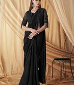 Black sparkling satin georgette saree with unstitched blouse & work jacket