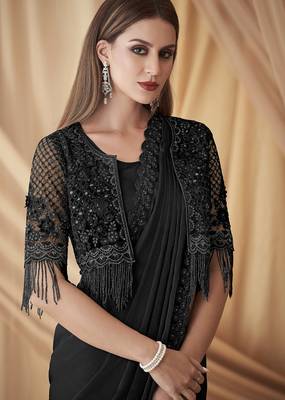 Black sparkling satin georgette saree with unstitched blouse & work jacket 3