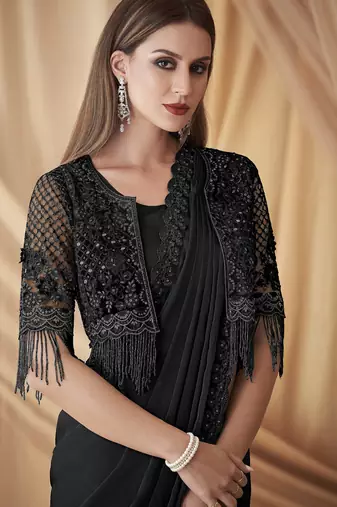 Black sparkling satin georgette saree with unstitched blouse & work jacket