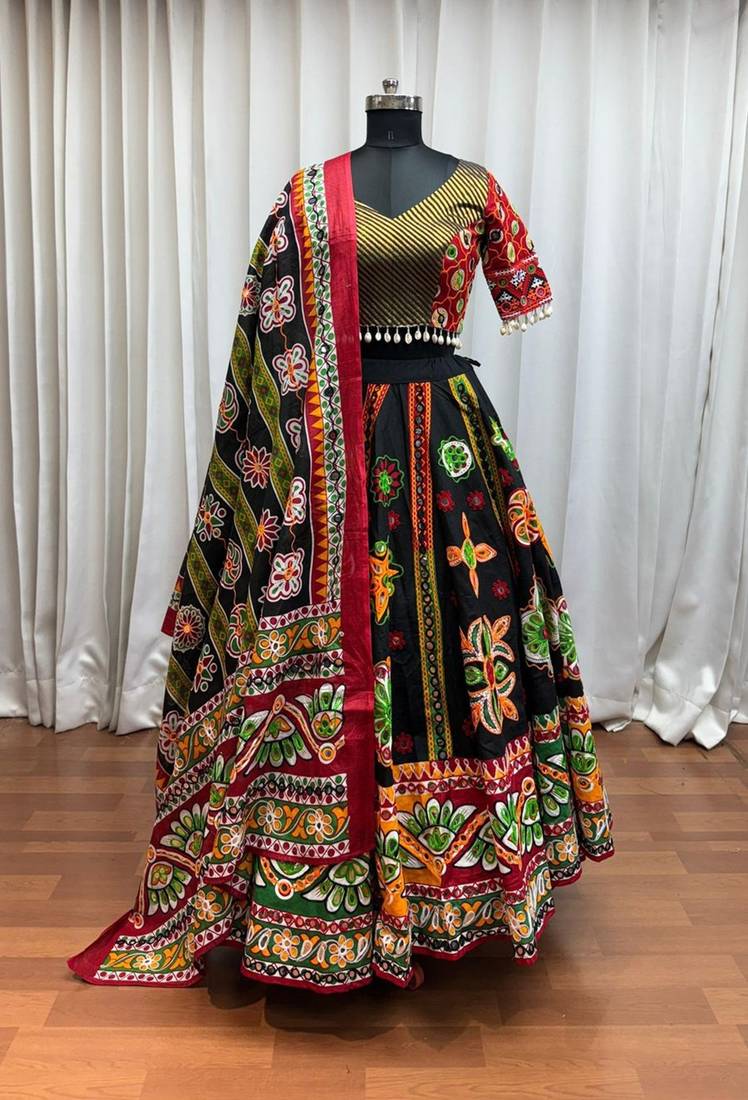 BLACK PRINT FOIL work EMBROIDERED COTTON STITCHED LEHENGA CHOLI
