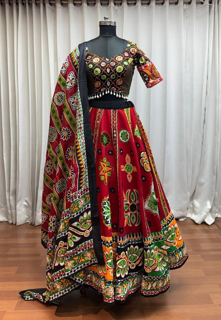 MAROON PRINT FOIL work EMBROIDERED COTTON STITCHED LEHENGA CHOLI
