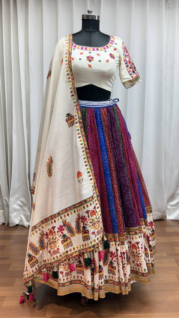 MULTICOLOR MIRROR WORK EMBROIDERED printed GEORGETTE STITCHED LEHENGA CHOLI