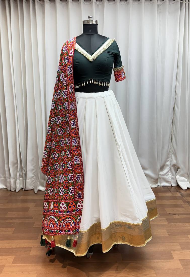 WHITE MIRROR WORK EMBROIDERED printed SILK STITCHED LEHENGA CHOLI