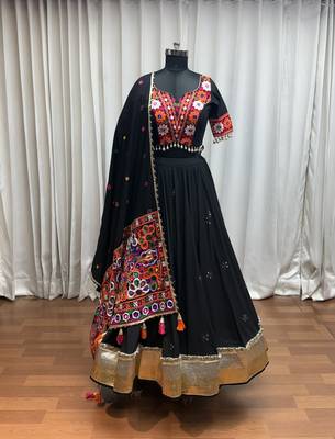 BLACK THREAD MIRROR EMBROIDERED VISCOSE NAVRATRI special STITCHED LEHENGA CHOLI 8