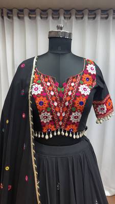 BLACK THREAD MIRROR EMBROIDERED VISCOSE NAVRATRI special STITCHED LEHENGA CHOLI 9