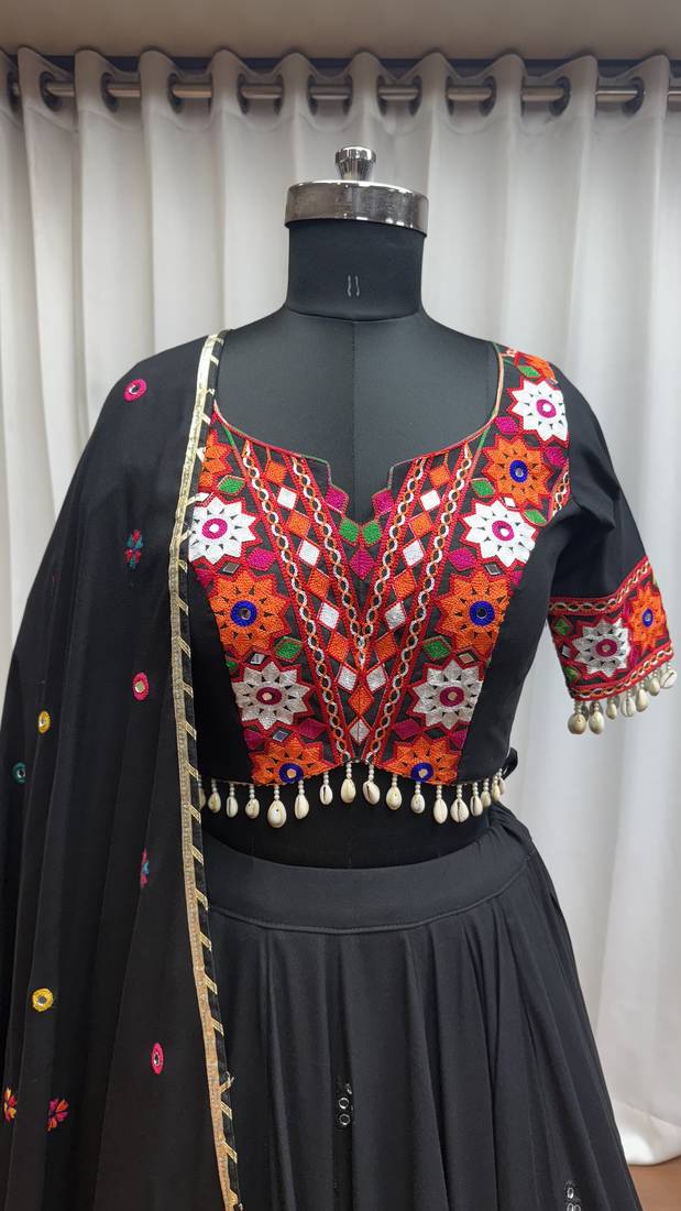 BLACK THREAD MIRROR EMBROIDERED VISCOSE NAVRATRI special STITCHED LEHENGA CHOLI