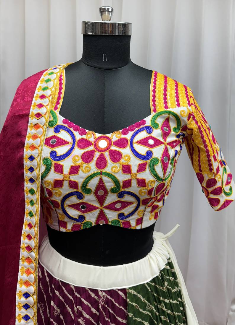 MULTICOLOR MIRROR WORK EMBROIDERED printed COTTON STITCHED LEHENGA CHOLI