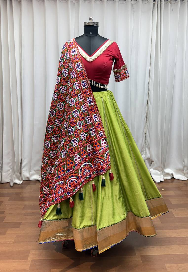 GREEN MIRROR WORK EMBROIDERED printed SILK STITCHED LEHENGA CHOLI