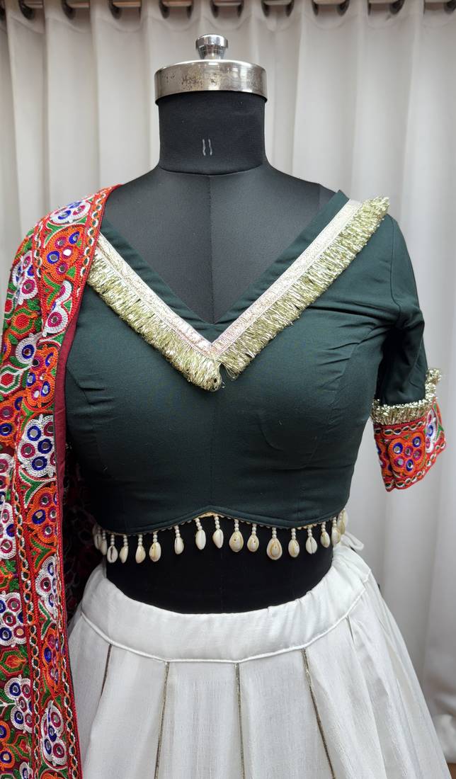 WHITE MIRROR WORK EMBROIDERED printed SILK STITCHED LEHENGA CHOLI