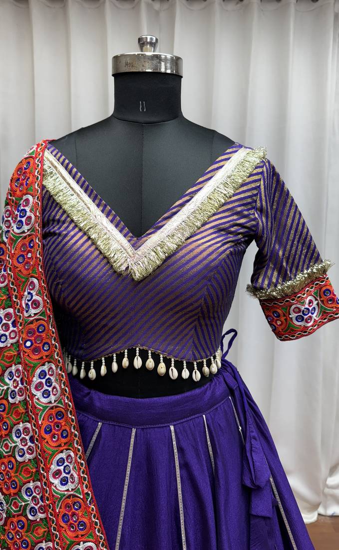 PURPLE MIRROR WORK EMBROIDERED printed SILK STITCHED LEHENGA CHOLI