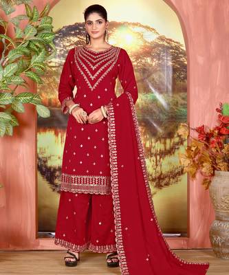 Red embroidered faux chiffon salwar suit 1