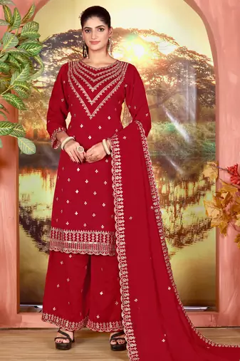 Red color embroideried faux chiffon semi stitched salwar suit