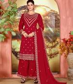 Red color embroideried faux chiffon semi stitched salwar suit