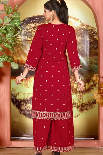 Red embroidered faux chiffon salwar suit