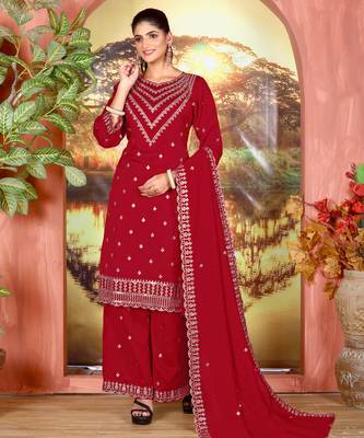 Red embroidered faux chiffon salwar suit 4