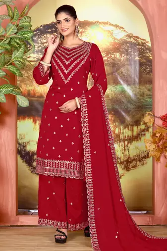 Red embroidered faux chiffon salwar suit