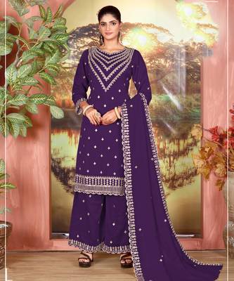 Purple embroidered faux chiffon salwar suit 1