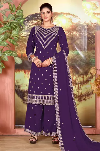 Purple color embroideried faux chiffon semi stitched salwar suit