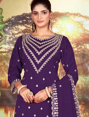 Purple embroidered faux chiffon salwar suit 2