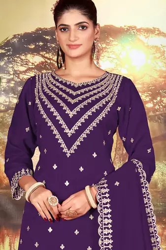 Purple embroidered faux chiffon salwar suit
