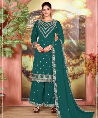 Rama grey embroidered faux chiffon salwar suit 1