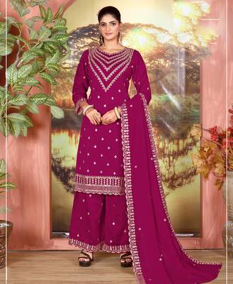 Dark pink embroidered faux chiffon salwar suit 1