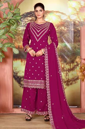 Dark pink color embroideried faux chiffon semi stitched salwar suit